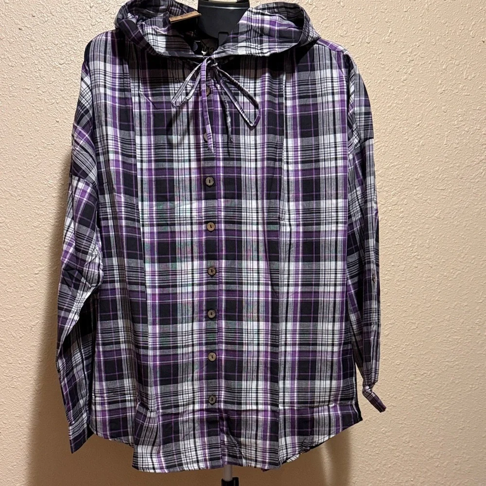 Plaid Hooded Button-Up Shirt women’s Large XL NWT​ - Picture 2 of 7